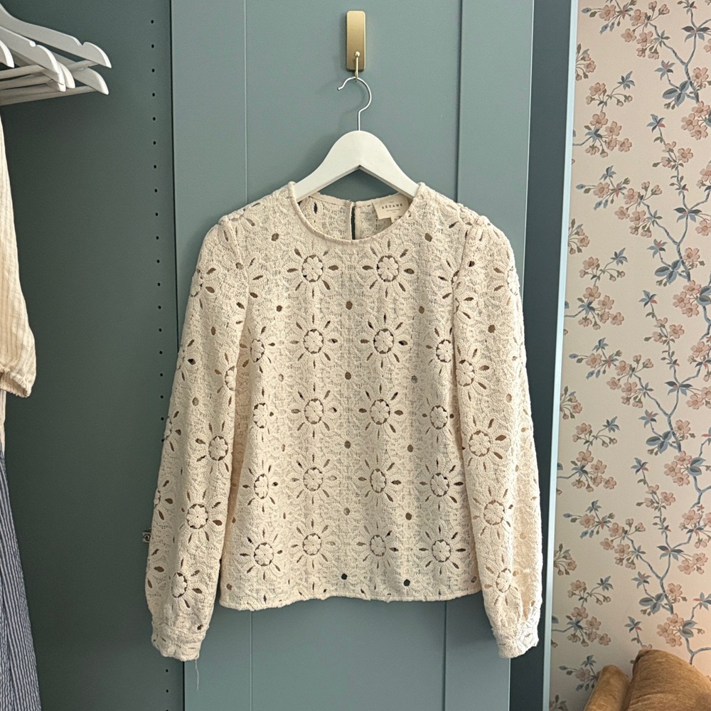 Sezane Jesse Blouse Cream Lace Long-Sleeve Crochet Top - Women's